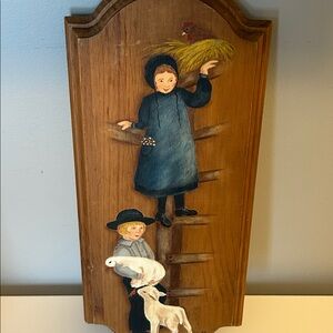 Vintage Hand-Painted Wooden Wall Plaque 
Farm Children Scene